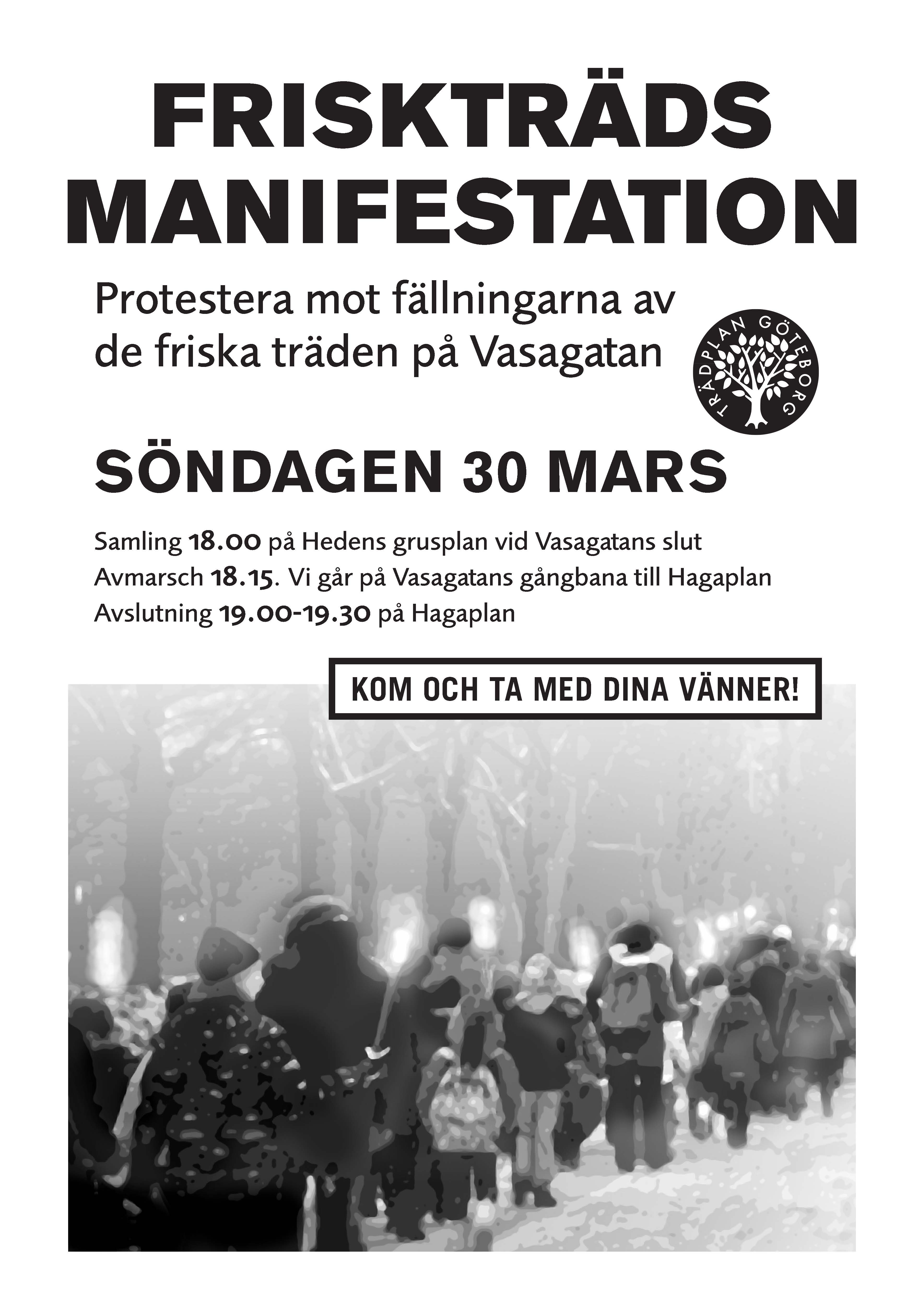 Affisch om Trädplans event: Friskträdspromenad för Vasagatans trädallé.